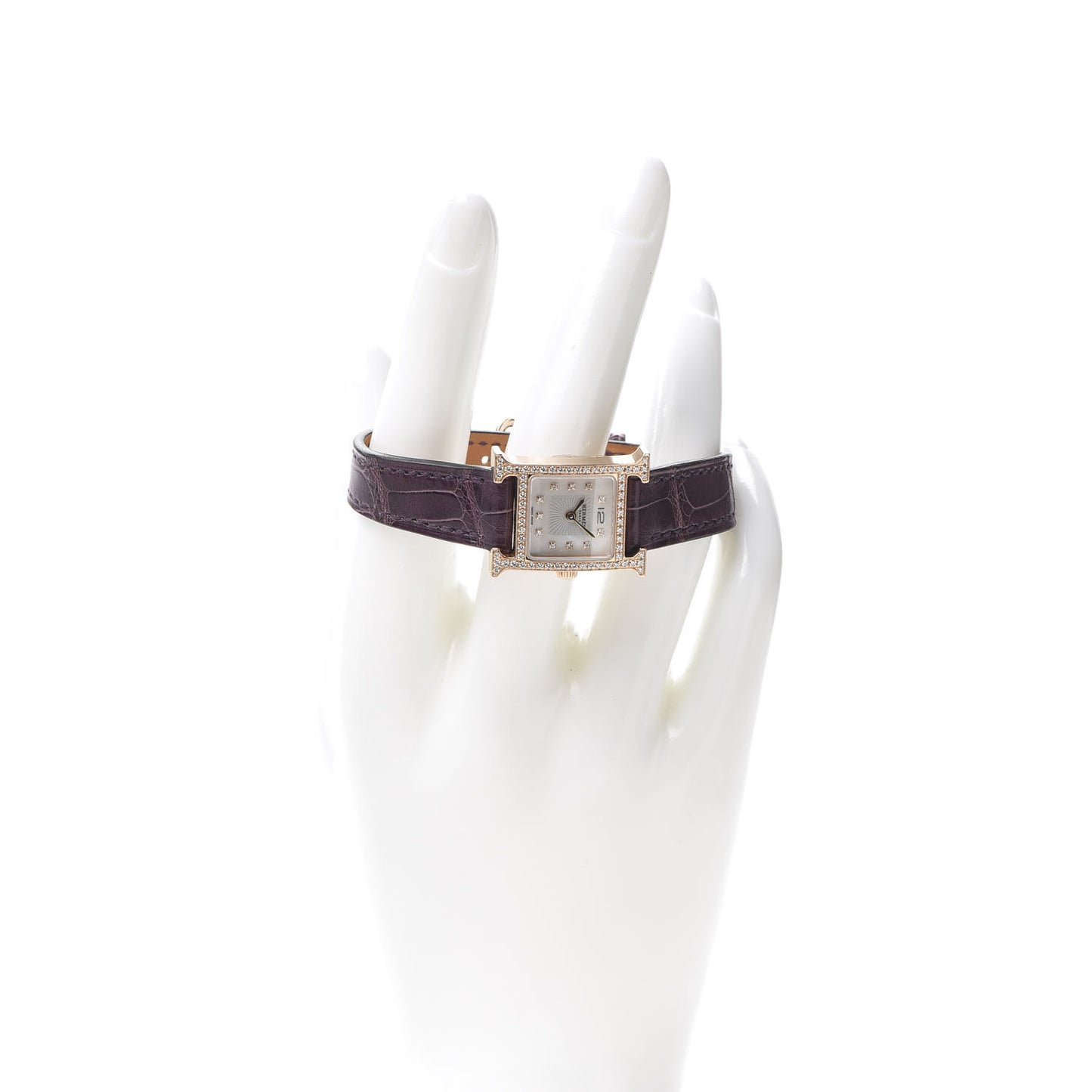 18K Rose Gold Alligator Diamond Bezel Mother of Pearl 17.2mm Heure H Hour Quartz Watch Amethyst