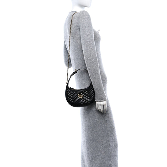 Calfskin Matelasse Chevron Mini GG Marmont Half Moon Hobo Black