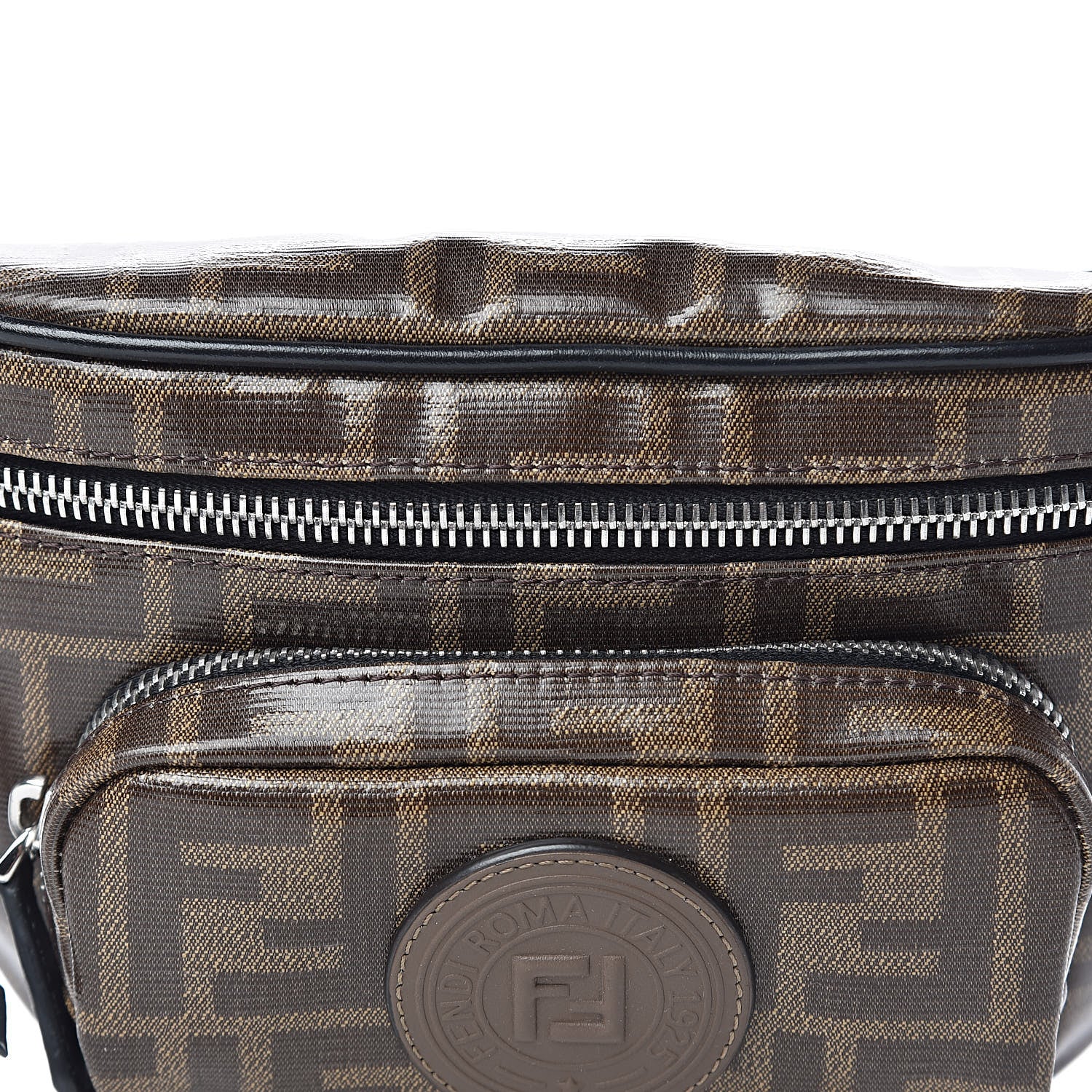 Fendi Glazed Fabric Vitello Century FF 1974 Stamp Patch Mens Pocket Belt Bag Mogano Panna Black 11 of 11
