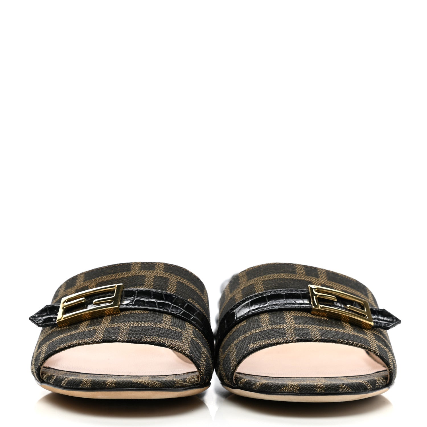 Fendi Jacquard Calfskin FF Crocodile Embossed Promenade Slide Sandals 36 Tobacco Moro Black 2 of 8