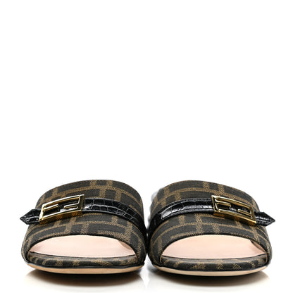 Fendi Jacquard Calfskin FF Crocodile Embossed Promenade Slide Sandals 36 Tobacco Moro Black 2 of 8