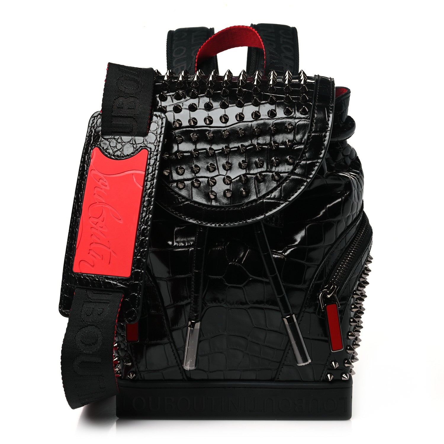 Christian Louboutin Calfskin Alligator Embossed Spiked Small Explorafunk Backpack Black 1 of 10