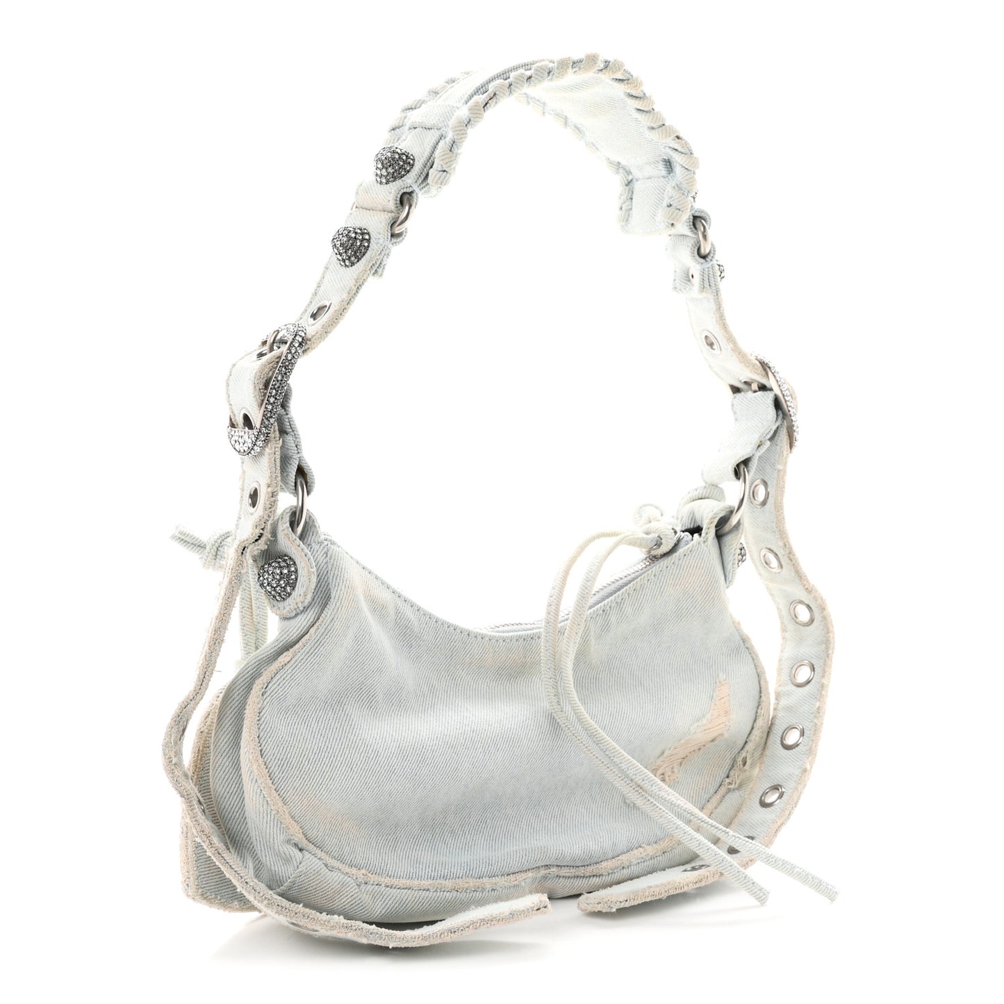 Washed Frayed Denim Crystal XS Le Cagole Shoulder Bag Pale Blue