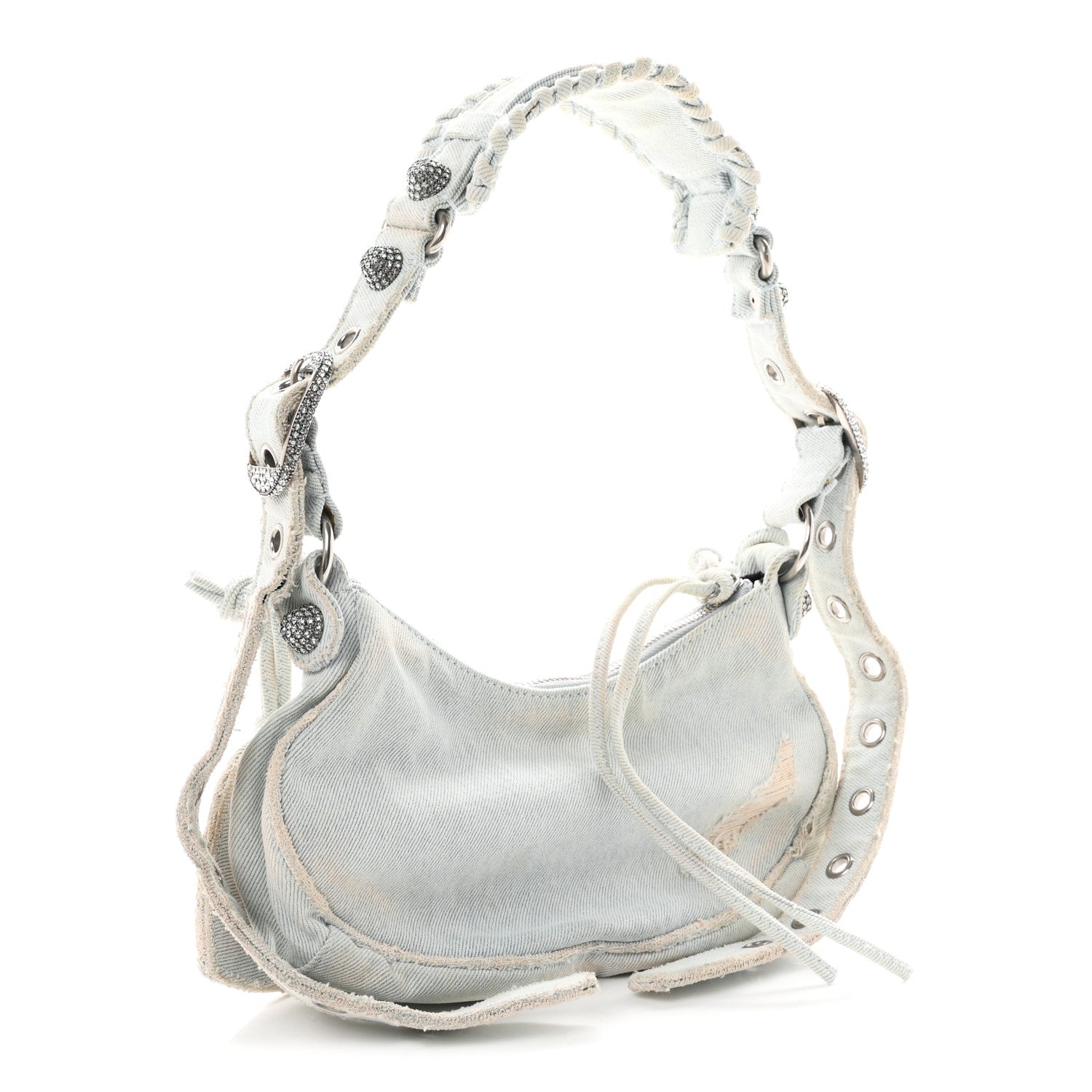 Balenciaga Washed Frayed Denim Crystal XS Le Cagole Shoulder Bag Pale Blue 3 of 11