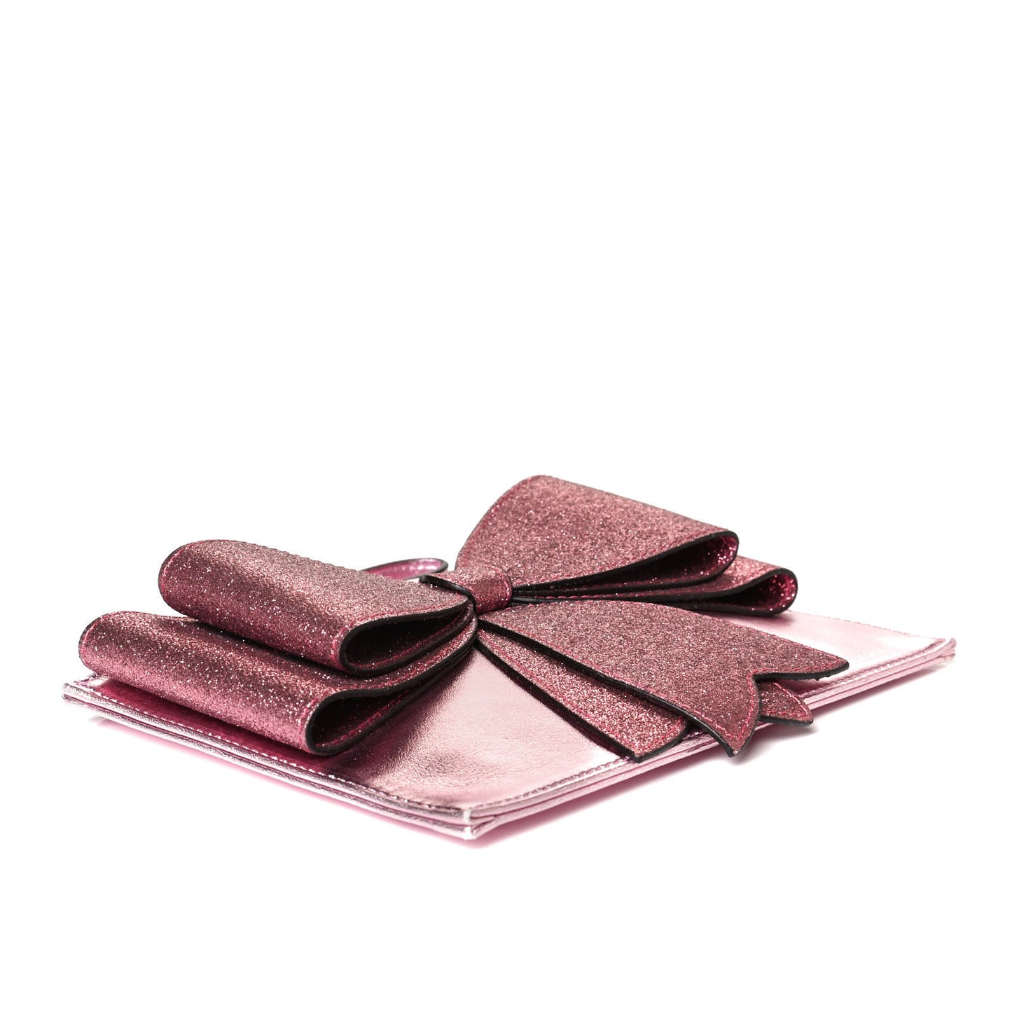 Calfskin Glitter Bow Wristlet Pink Rose