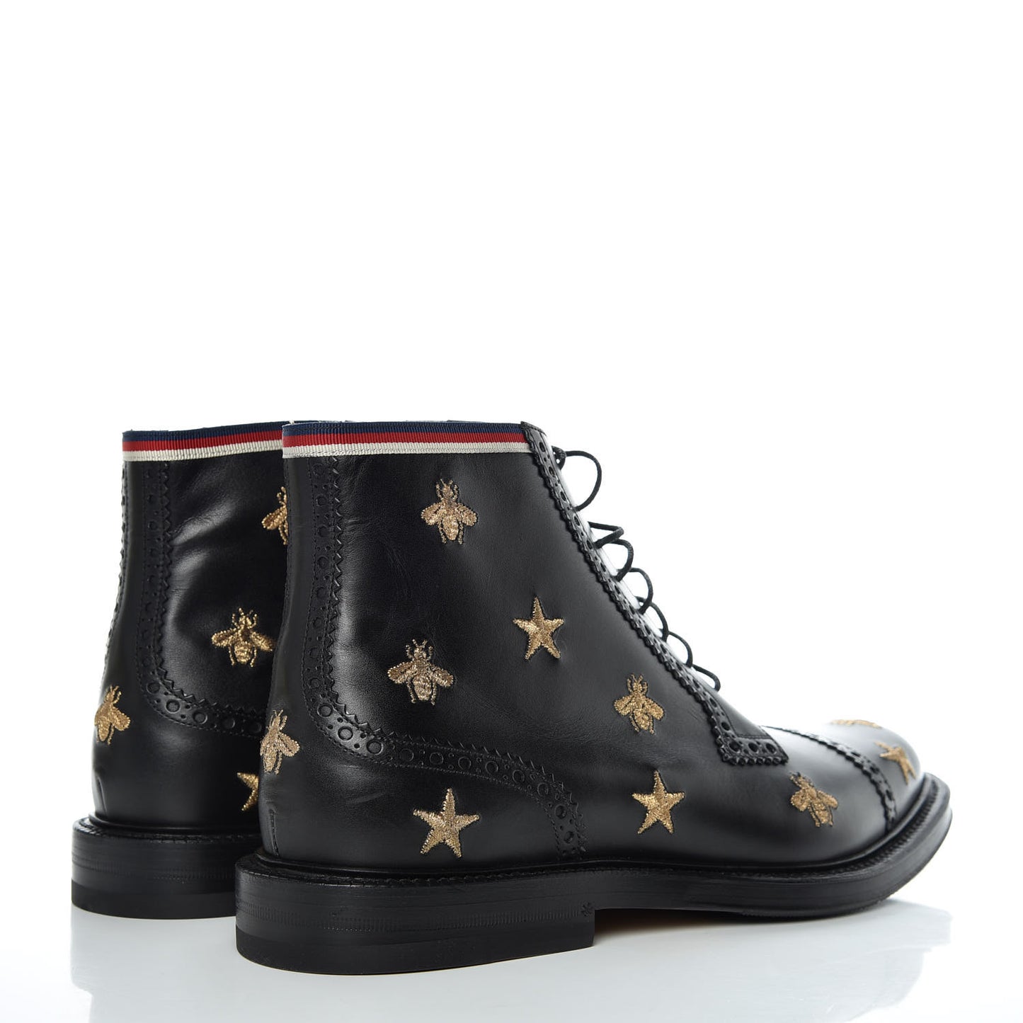 Calfskin Sylvie Web Bee Star Embroidered Mens Brogue Captoe Boots 7.5 Black