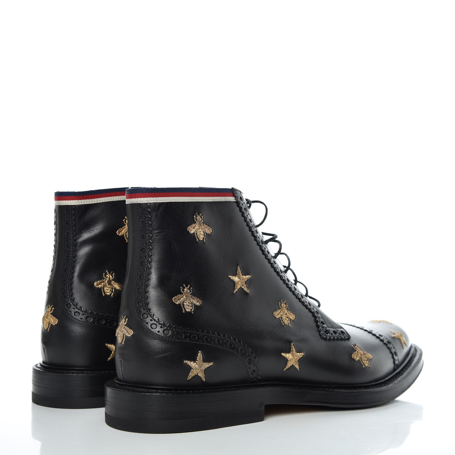 Gucci Calfskin Sylvie Web Bee Star Embroidered Mens Brogue Captoe Boots 7.5 Black 4 of 8