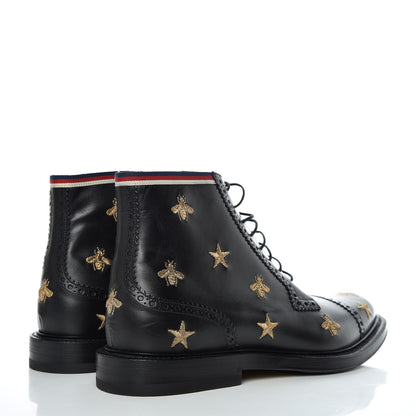 Gucci Calfskin Sylvie Web Bee Star Embroidered Mens Brogue Captoe Boots 7.5 Black 4 of 8