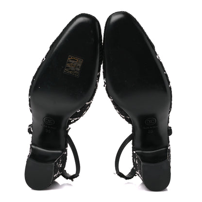 Chanel Tweed Sequins Corduroy Cap Toe CC Slingback Pumps 38 Black White 5 of 9
