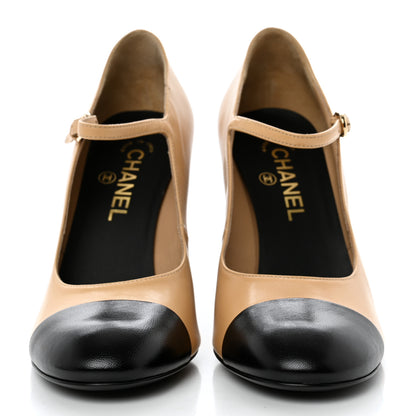Chanel Shiny Goatskin Pearls Cap Toe Open Slingback Pumps 40 Beige Black 2 of 9
