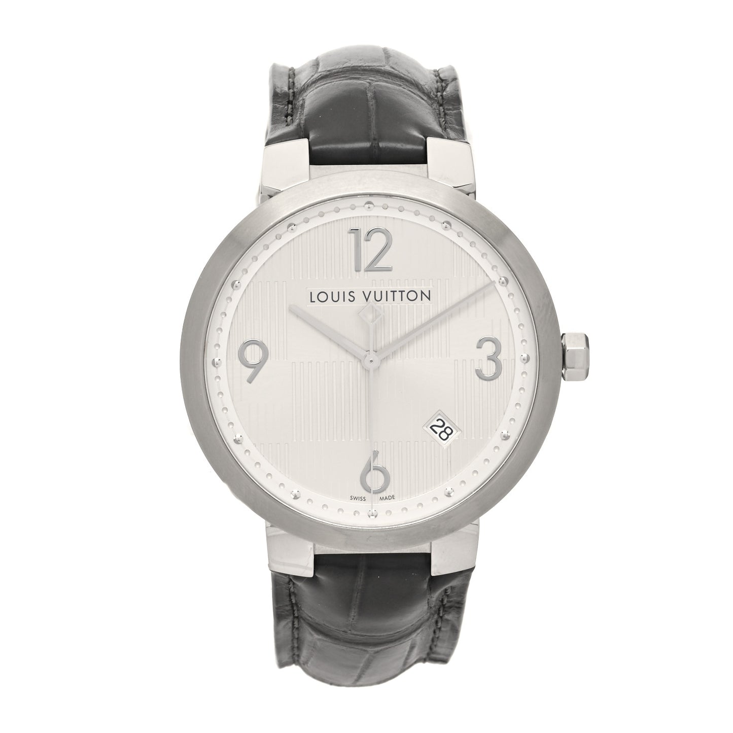 Stainless Steel Alligator 39mm Tambour Damier Quartz Watch