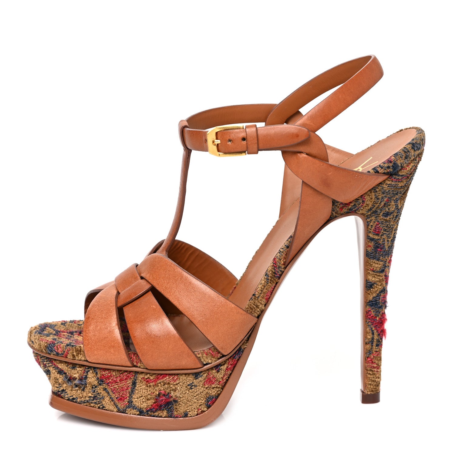 Saint Laurent Calfskin Tapestry Marrakech Tribute 105 Platform Sandals 38.5 Ambra Sapphire 1 of 8
