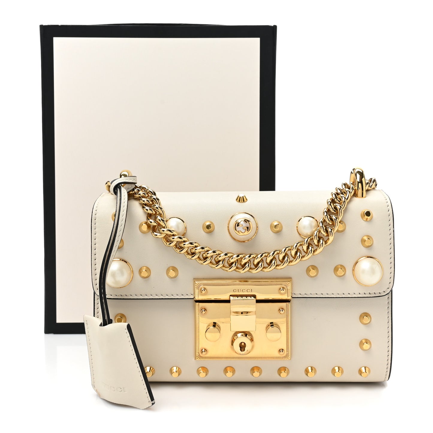 Calfskin Studded Small Padlock Shoulder Bag White
