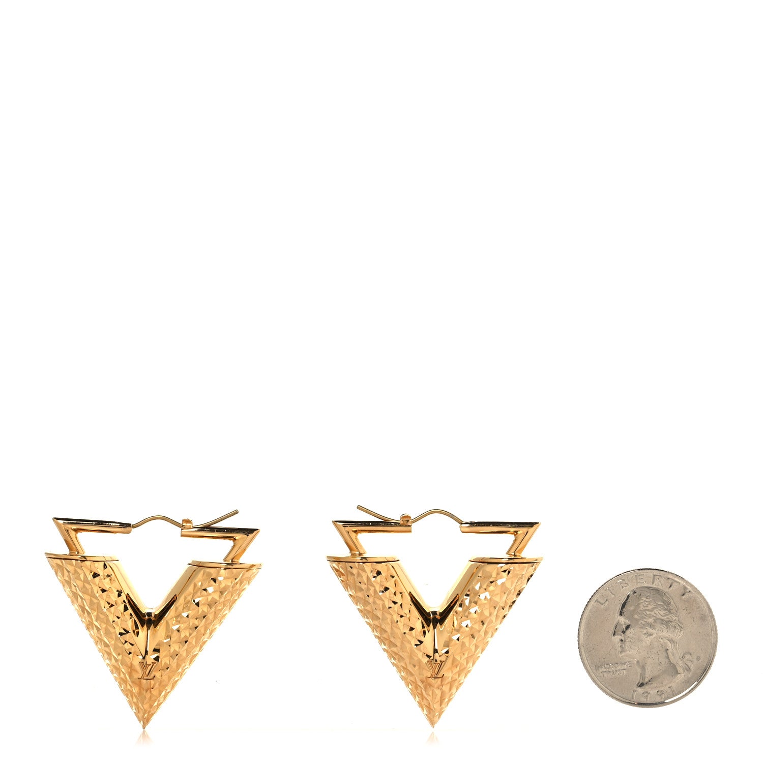 Louis Vuitton Brass Guilloche Essential V Earrings Gold 2 of 4