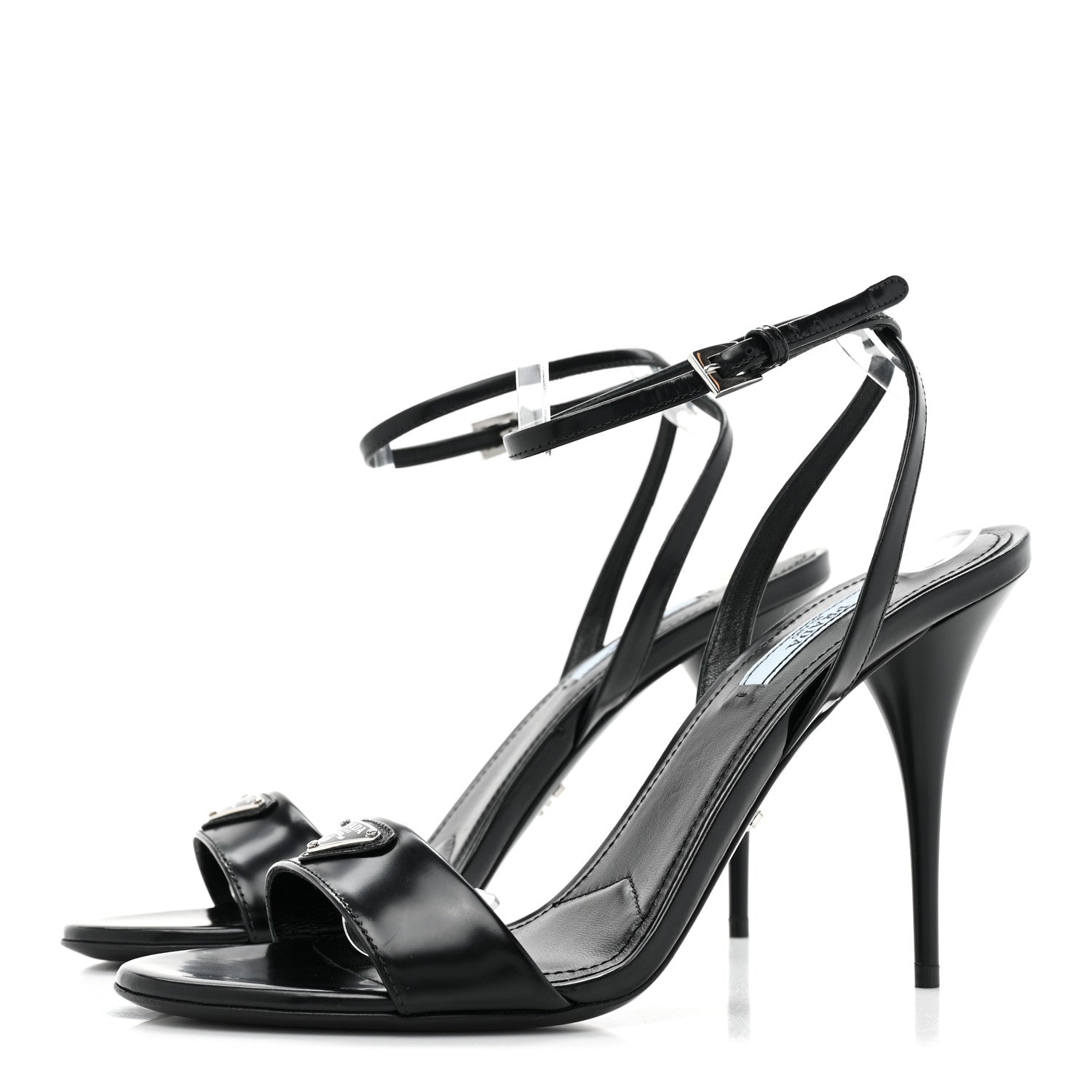 Prada Spazzolato Metal Triangle Logo Ankle Strap 100mm Sandals 39 Black 3 of 7