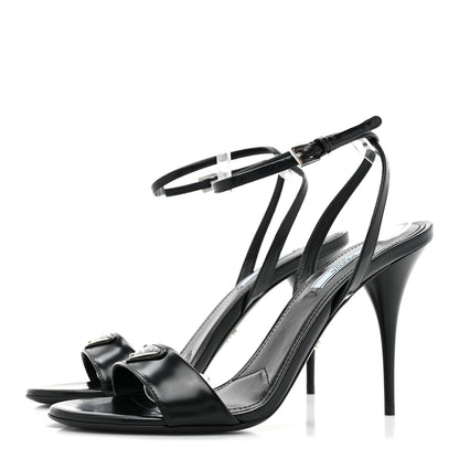 Prada Spazzolato Metal Triangle Logo Ankle Strap 100mm Sandals 39 Black 3 of 7