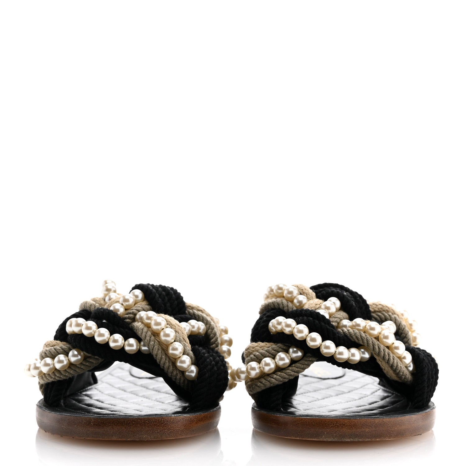 Chanel Lambskin Pearl Cord CC Mules 36 Black Beige 3 of 11