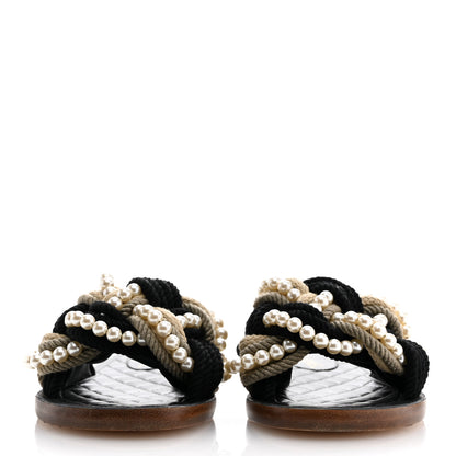 Chanel Lambskin Pearl Cord CC Mules 36 Black Beige 3 of 11