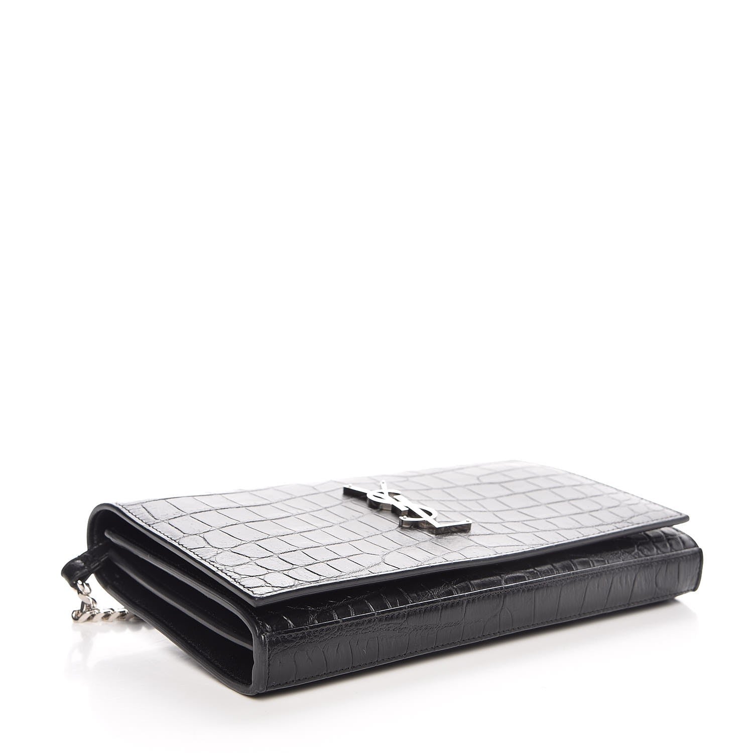Saint Laurent Calfskin Crocodile Embossed Monogram Chain Wallet Black 4 of 7