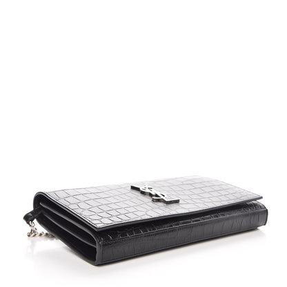 Saint Laurent Calfskin Crocodile Embossed Monogram Chain Wallet Black 4 of 7