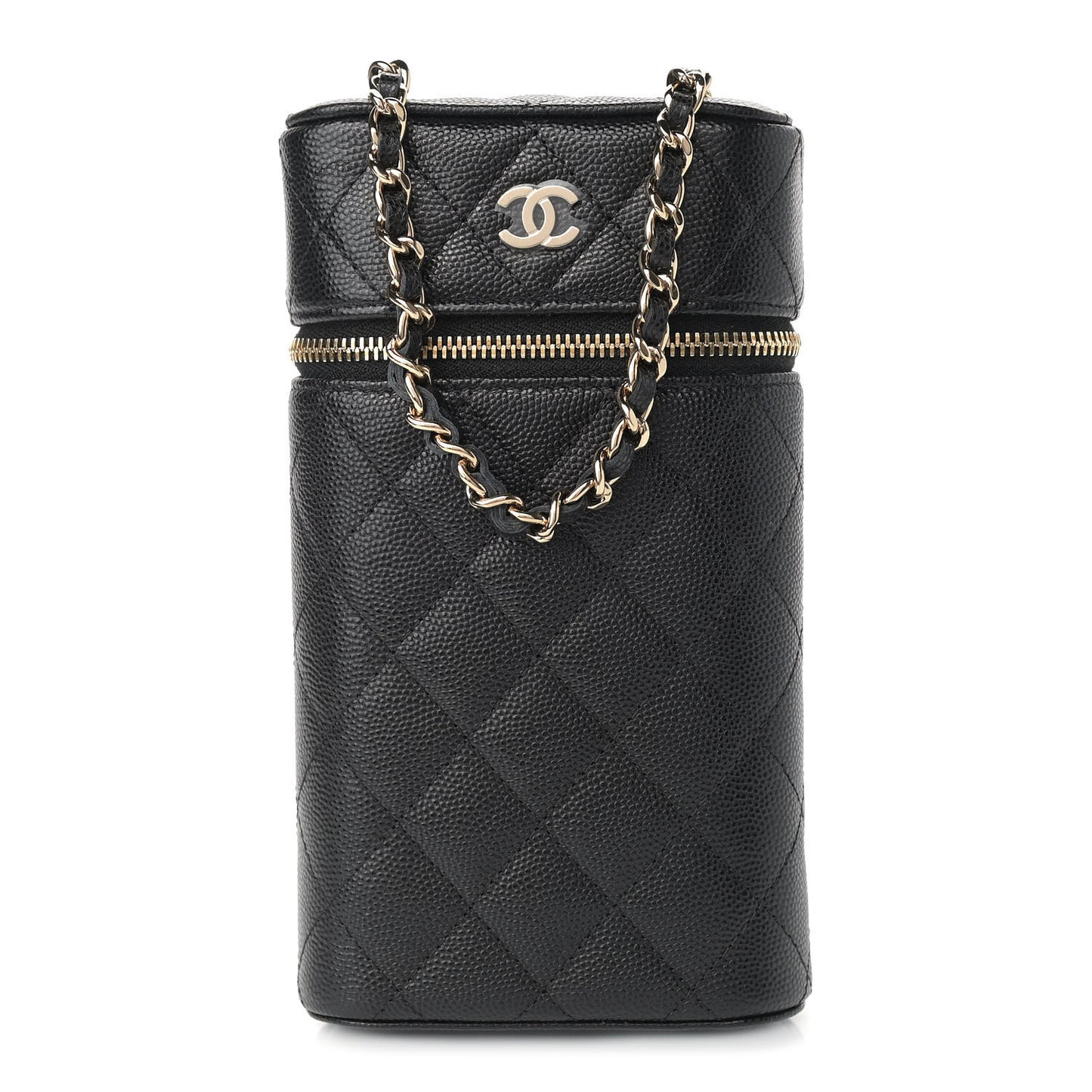 Caviar Quilted Phone Holder With Chain Black