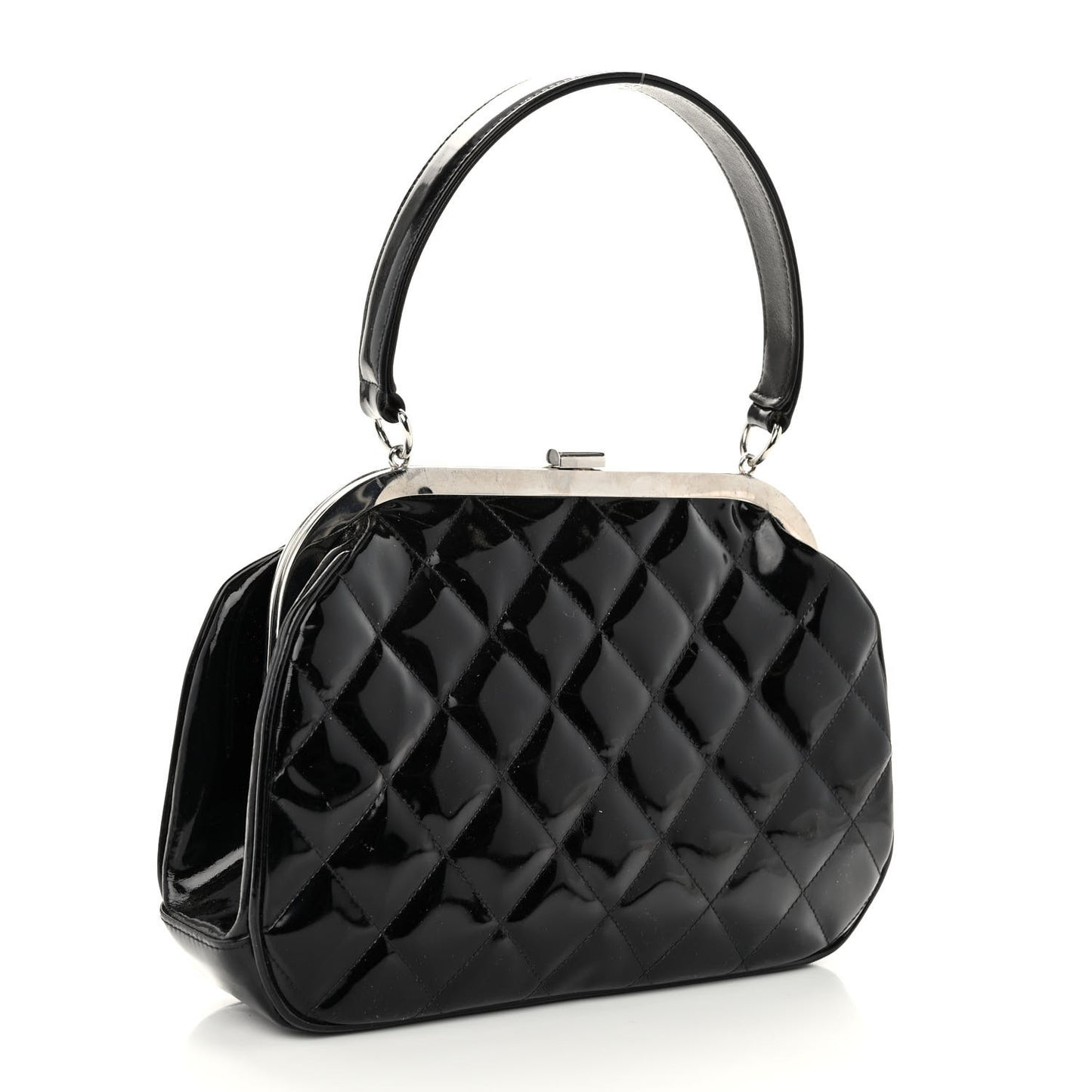 Patent Quilted Kisslock Frame Bag Black