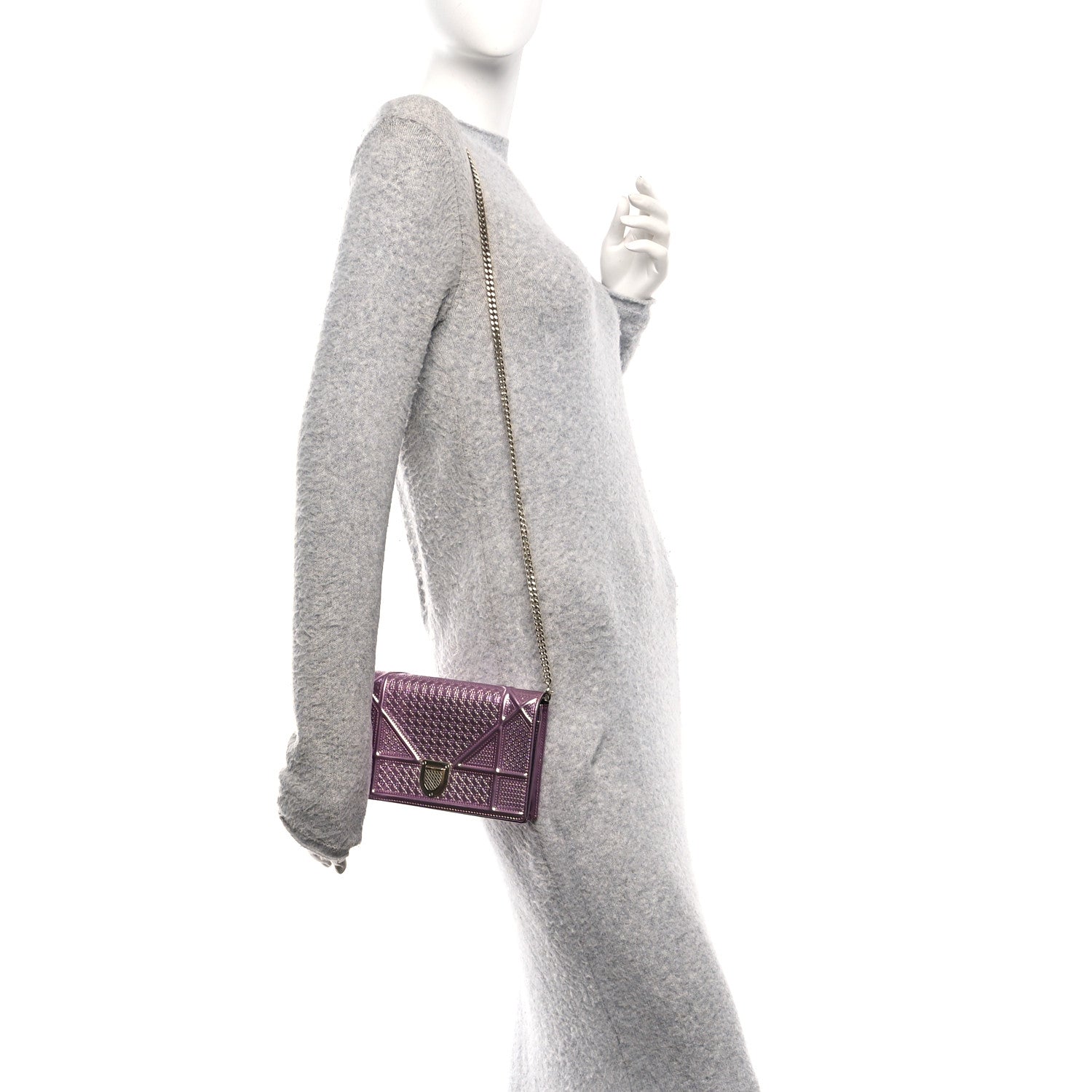 Christian Dior Metallic Patent Micro-Cannage Diorama Wallet on Chain Pouch Pink 2 of 10