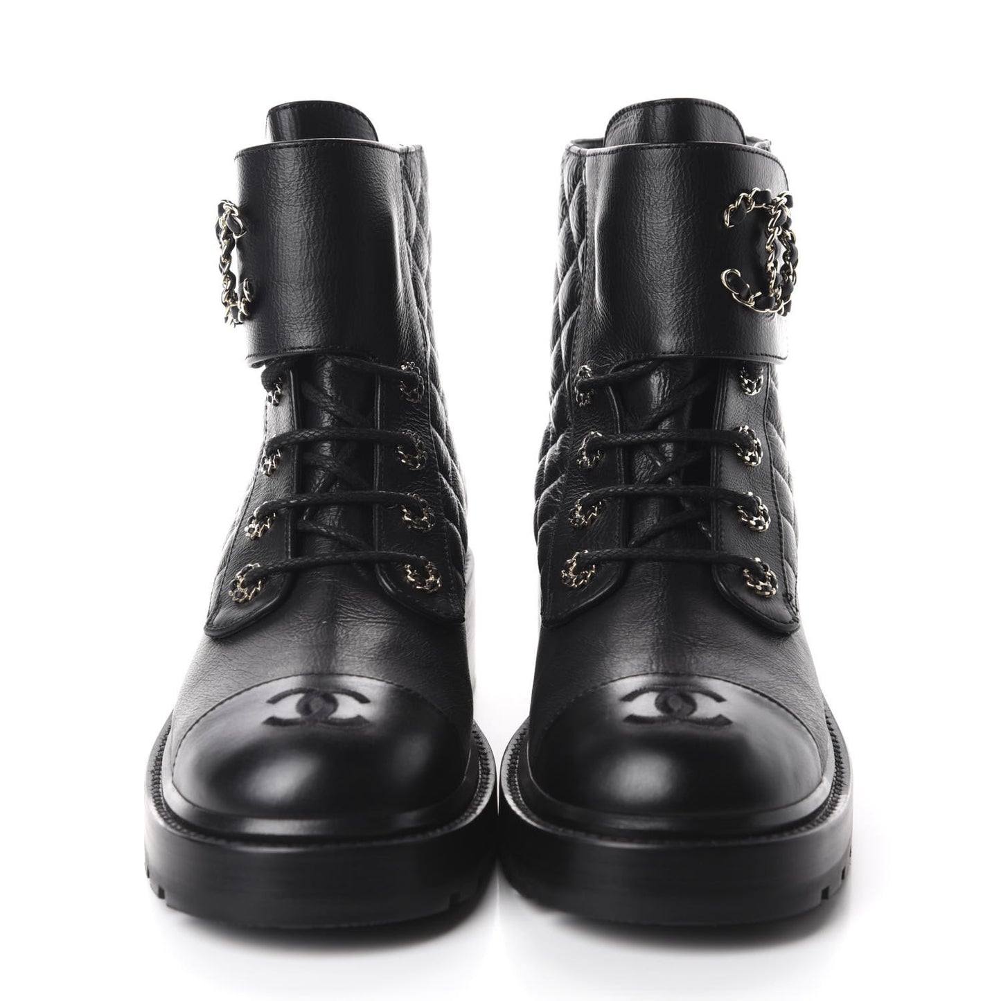 Shiny Goatskin Calfskin Quilted Lace Up Combat Boots 40.5 Black