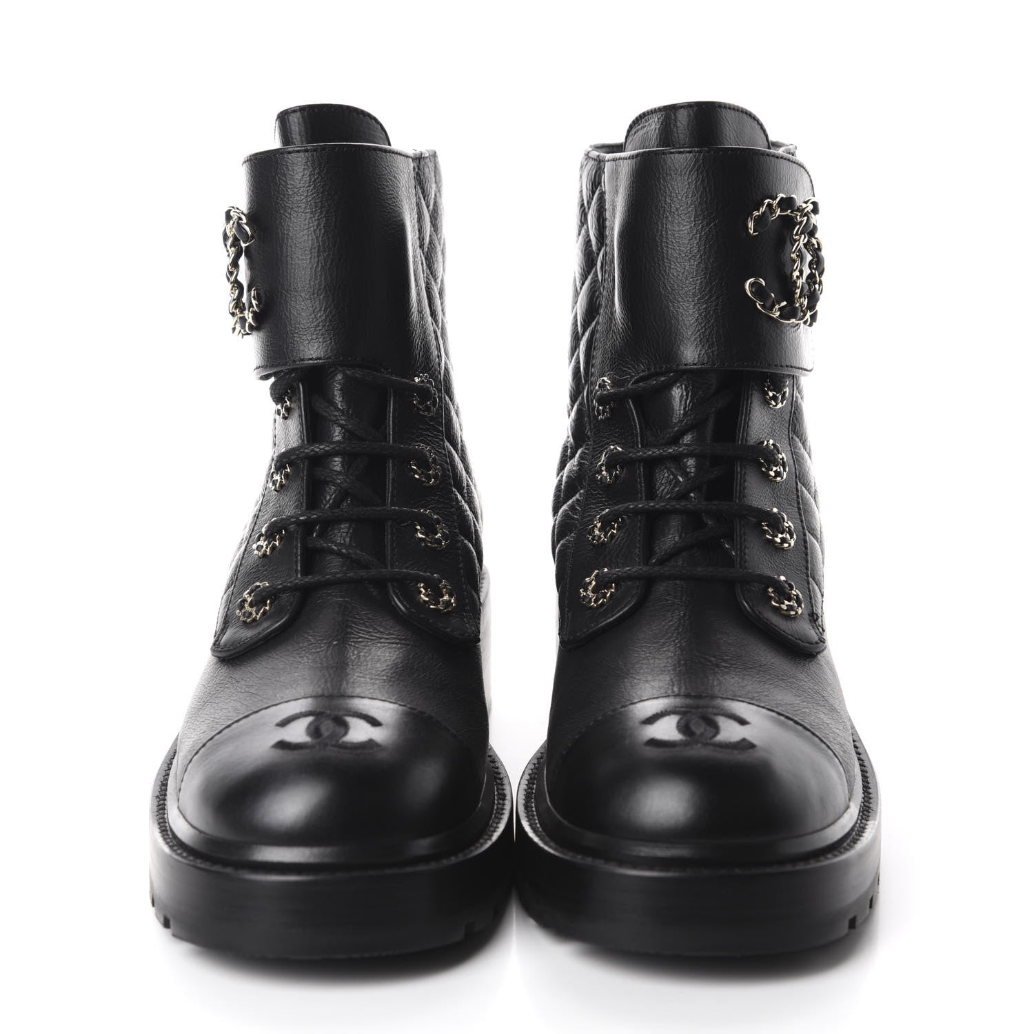 Chanel Shiny Goatskin Calfskin Quilted Lace Up Combat Boots 40.5 Black 2 of 11