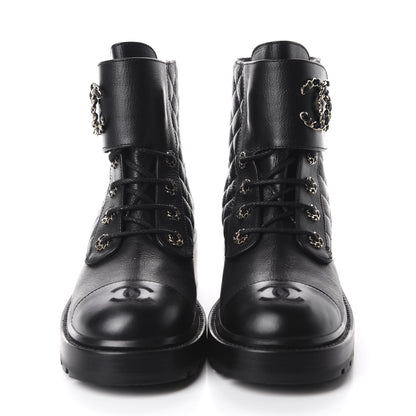Chanel Shiny Goatskin Calfskin Quilted Lace Up Combat Boots 40.5 Black 2 of 11