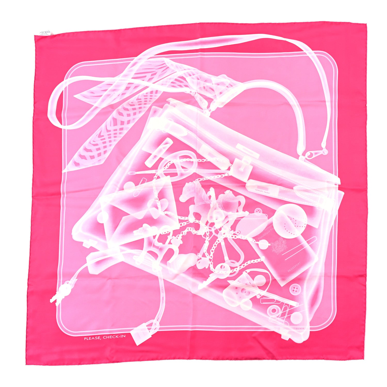 Hermes Silk Please Check In Scarf 90 Rose Vif Rose Bonbon 1 of 3