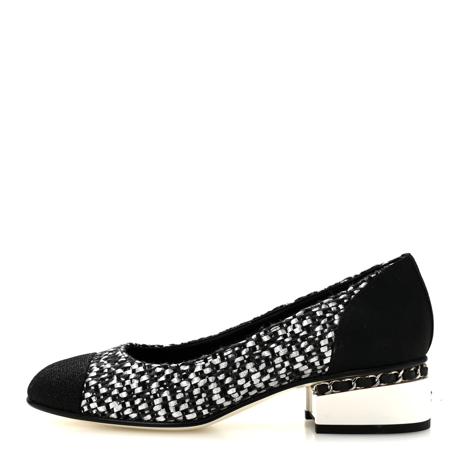 Chanel Tweed Grosgrain Chain Cap Toe Low Heel Pumps 37 Silver Grey Black 1 of 9