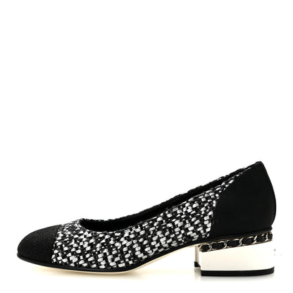 Chanel Tweed Grosgrain Chain Cap Toe Low Heel Pumps 37 Silver Grey Black 1 of 9