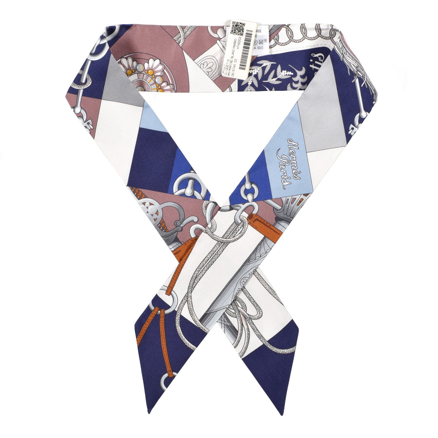Hermes Silk Cliquetis Twilly Marine White Marron 1 of 4