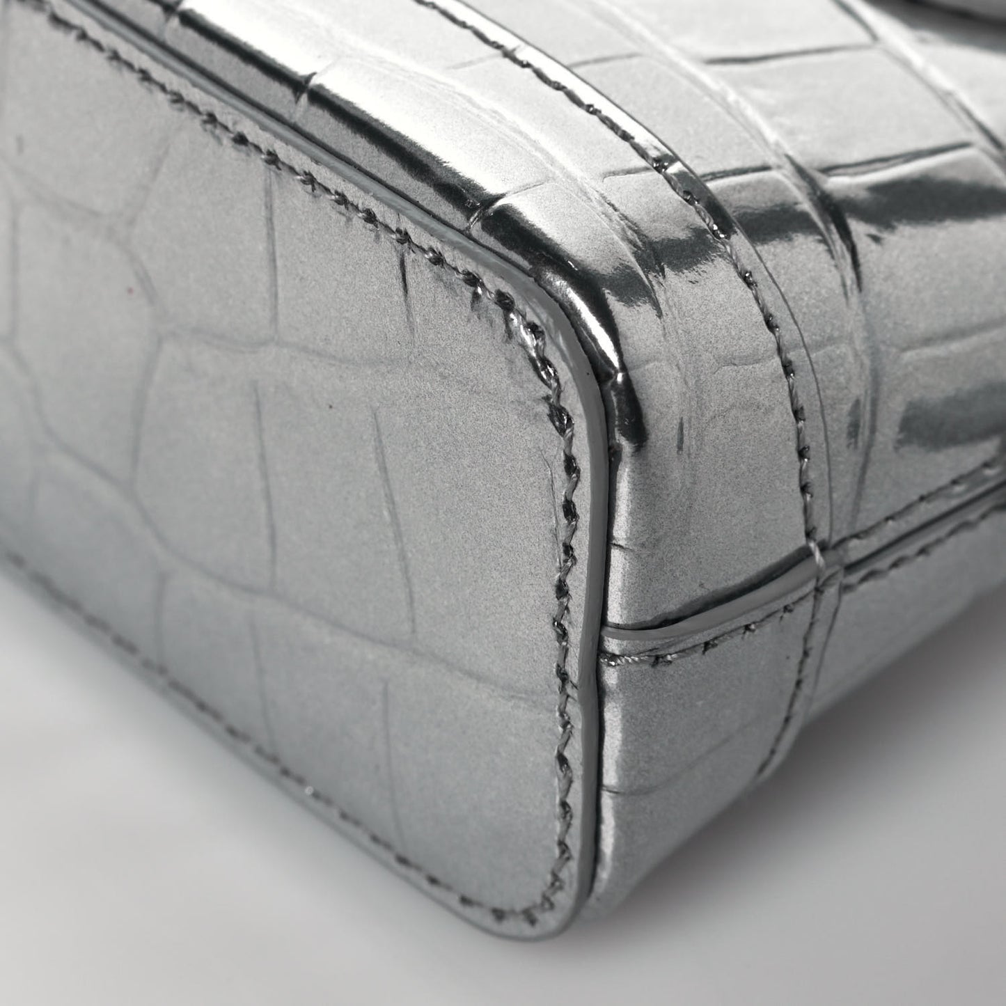Metallic Calfskin Logo Crocodile Embossed Mini Ville Top Handle Bag Silver Black
