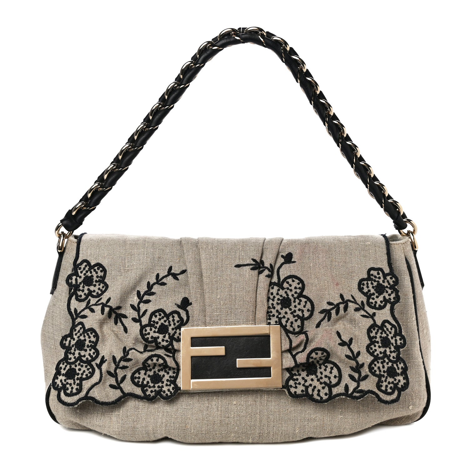 Fendi Linen Embroidered Mia Shoulder Flap Beige Black 1 of 21