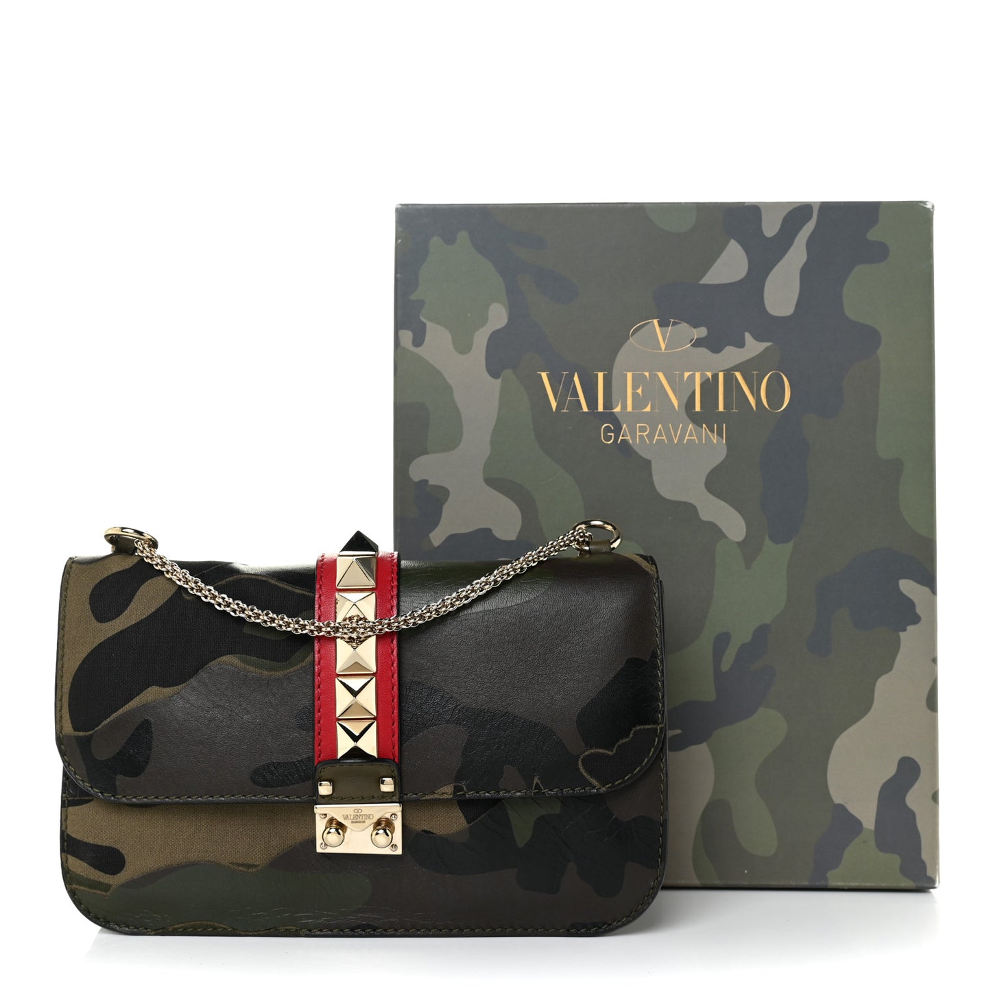 Nappa Canvas Camouflage Medium Glam Lock Rockstud Flap Verde