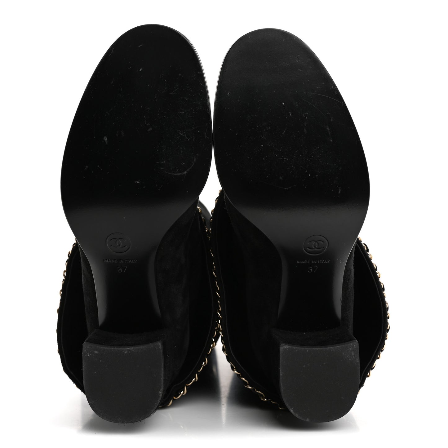 Suede Calfskin Lambskin Cap Toe Chain Fold Over High Boots 37 Black