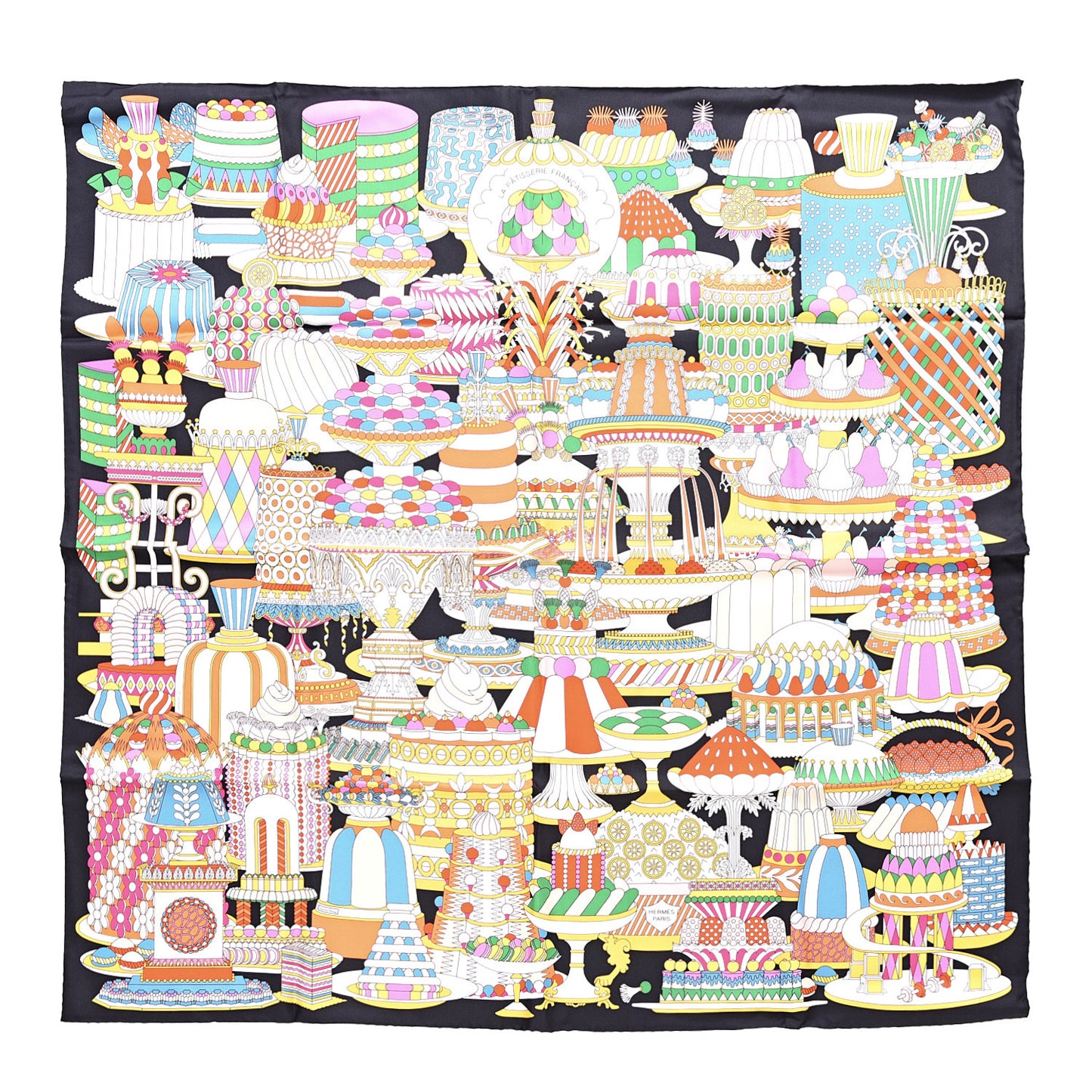 Silk La Patisserie Francaise Scarf 90 Orange Black Multicolor