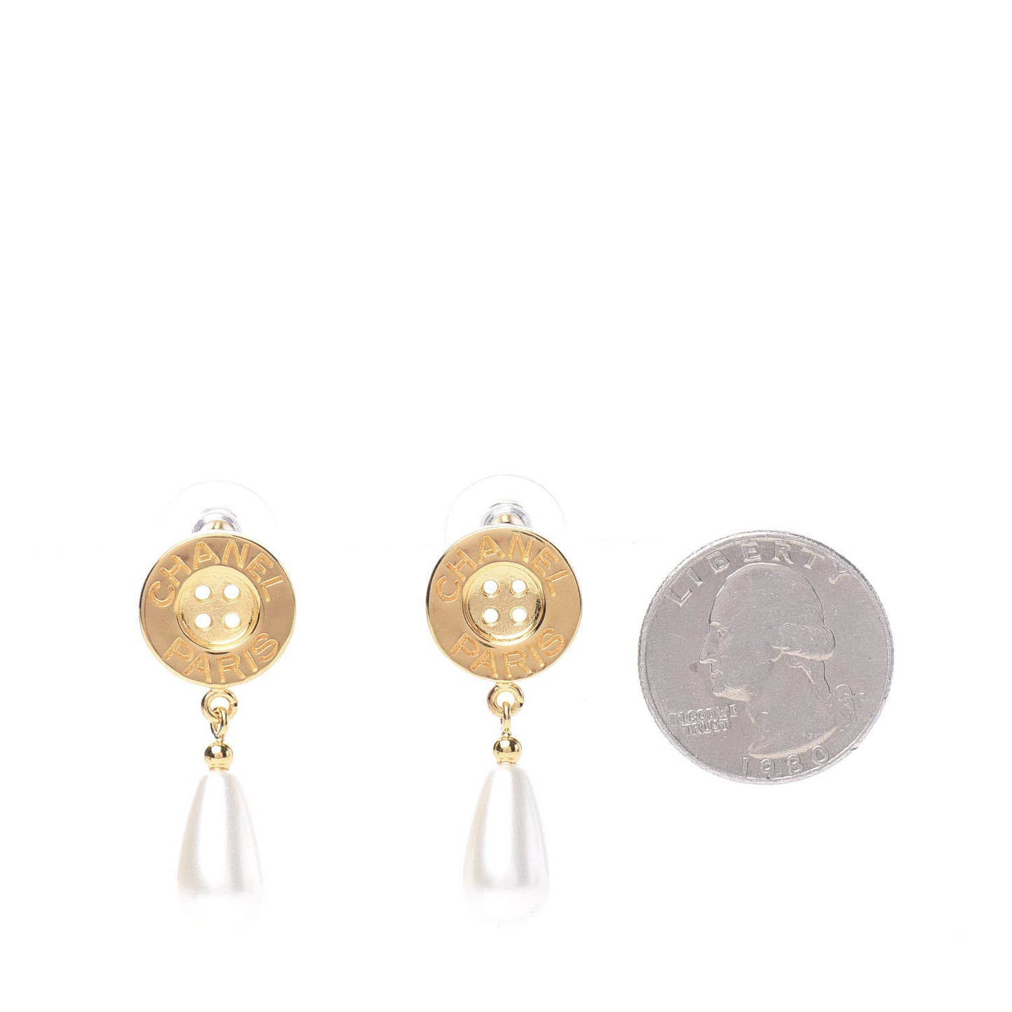 Metal Pearl Button Drop Earrings Gold