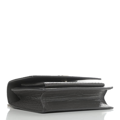 Saint Laurent Calfskin Crocodile Embossed Monogram Sunset Chain Wallet Graphite 3 of 4