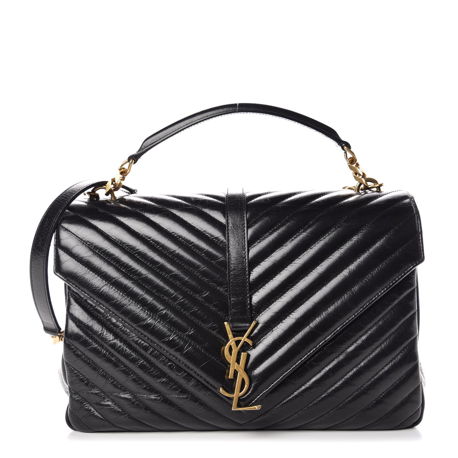 Saint Laurent Cracked Shiny Calfskin Matelasse Chevron Monogram Large College Satchel Black 1 of 12