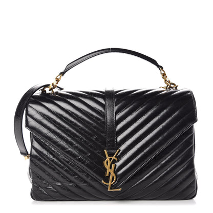 Saint Laurent Cracked Shiny Calfskin Matelasse Chevron Monogram Large College Satchel Black 1 of 12