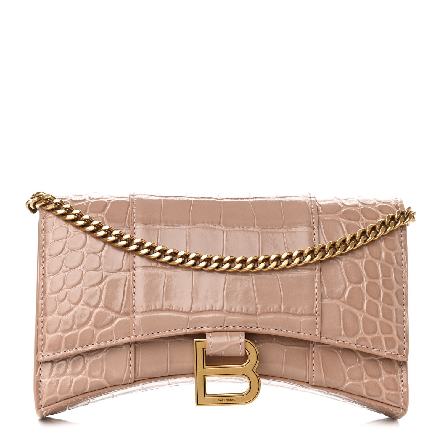 Balenciaga Shiny Calfskin Crocodile Embossed Hourglass Chain Bag Nude Beige 1 of 17