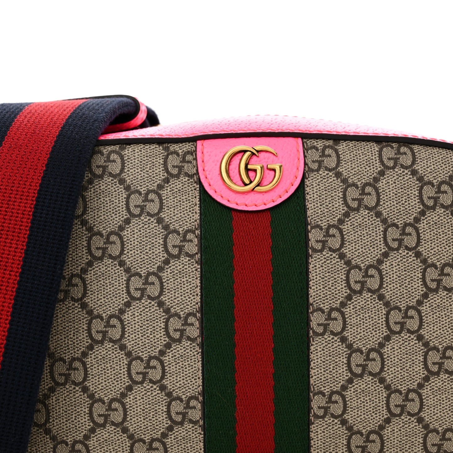 GG Supreme Monogram Textured Dollar Calfskin Web Ophidia Small Crossbody Bag Beige Ebony Fuchsia