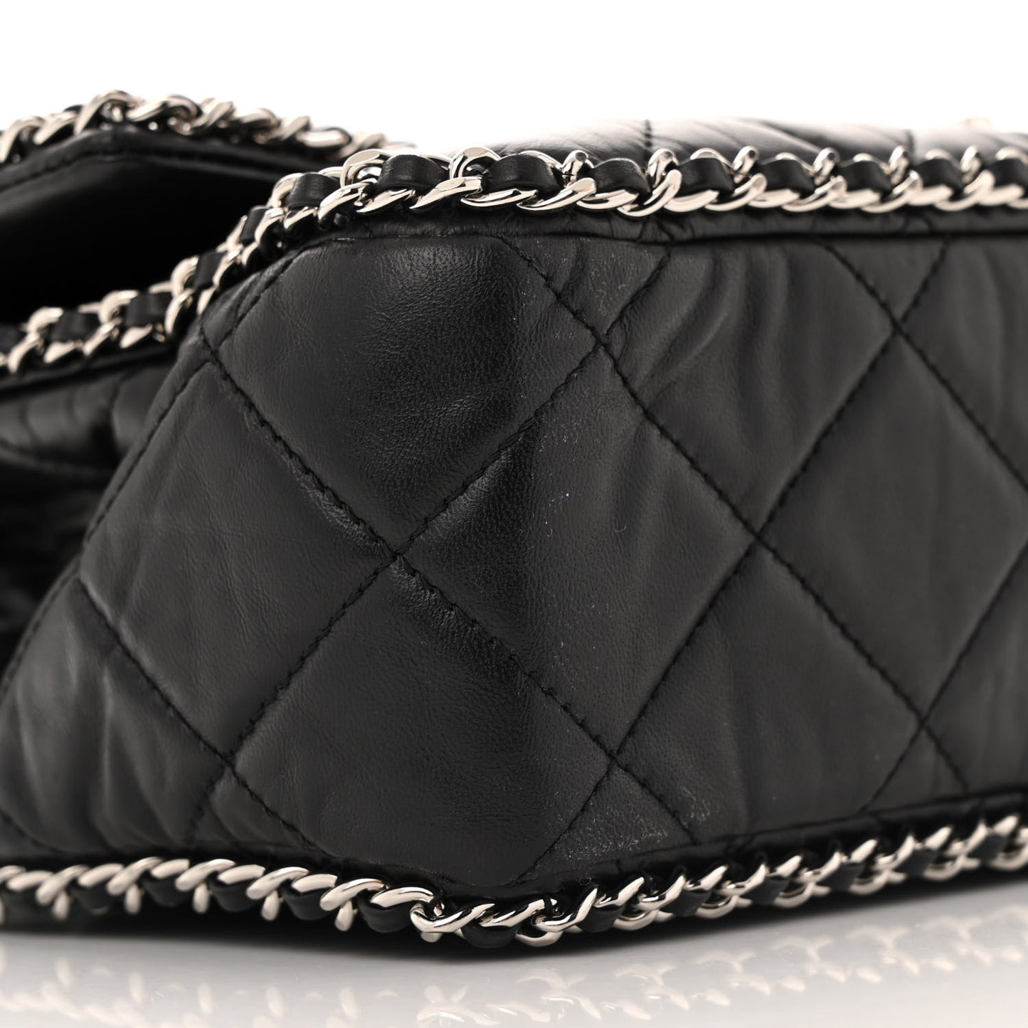 Crumpled Calfskin Quilted Large Chain All Over Flap Bag Black