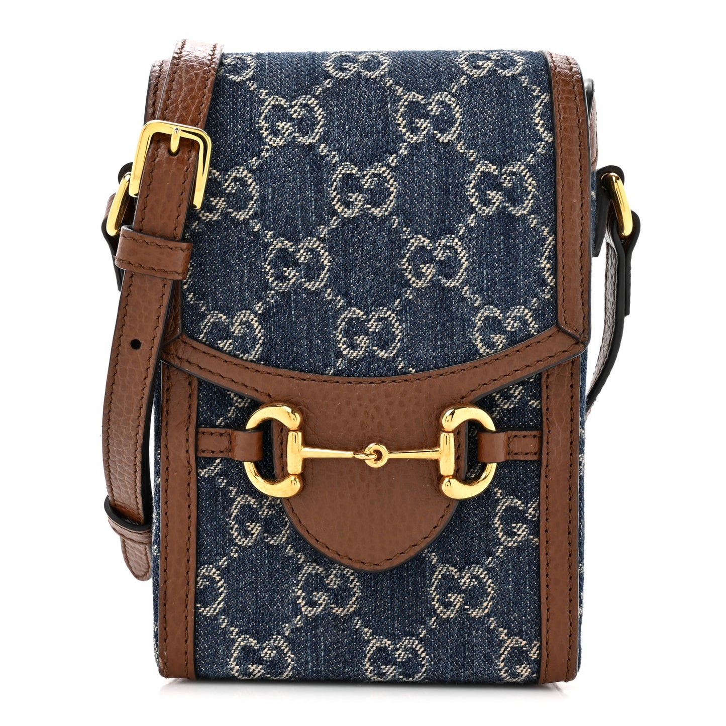 New Denim GG Monogram Dollar Calfskin Mini Horsebit 1955 Crossbody Bag Blue Tea Cuir Epilog
