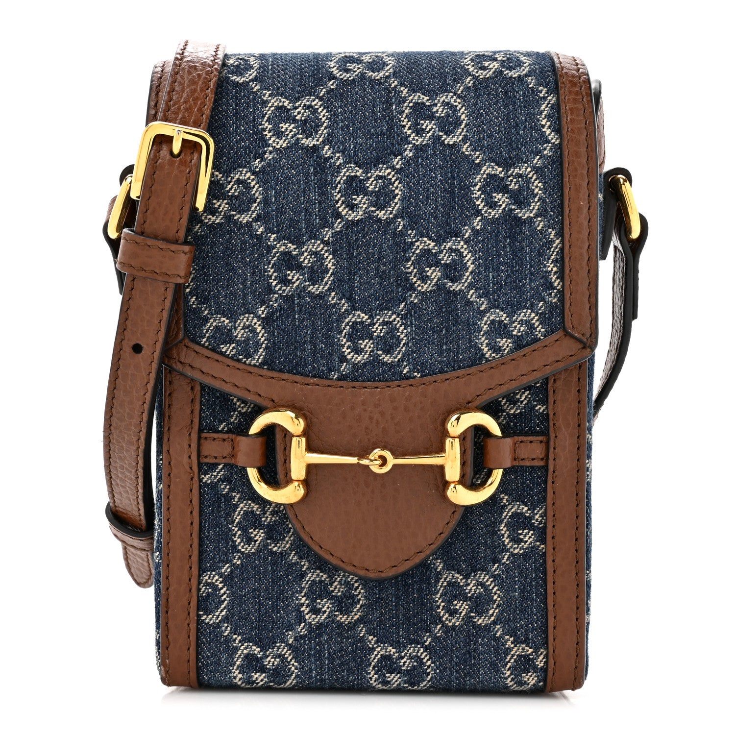 Gucci New Denim GG Monogram Dollar Calfskin Mini Horsebit 1955 Crossbody Bag Blue Tea Cuir Epilog 1 of 14
