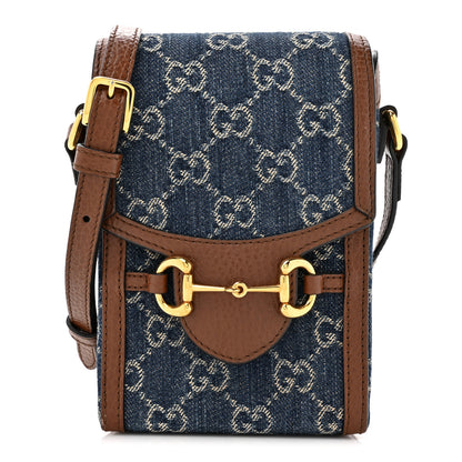 Gucci New Denim GG Monogram Dollar Calfskin Mini Horsebit 1955 Crossbody Bag Blue Tea Cuir Epilog 1 of 14