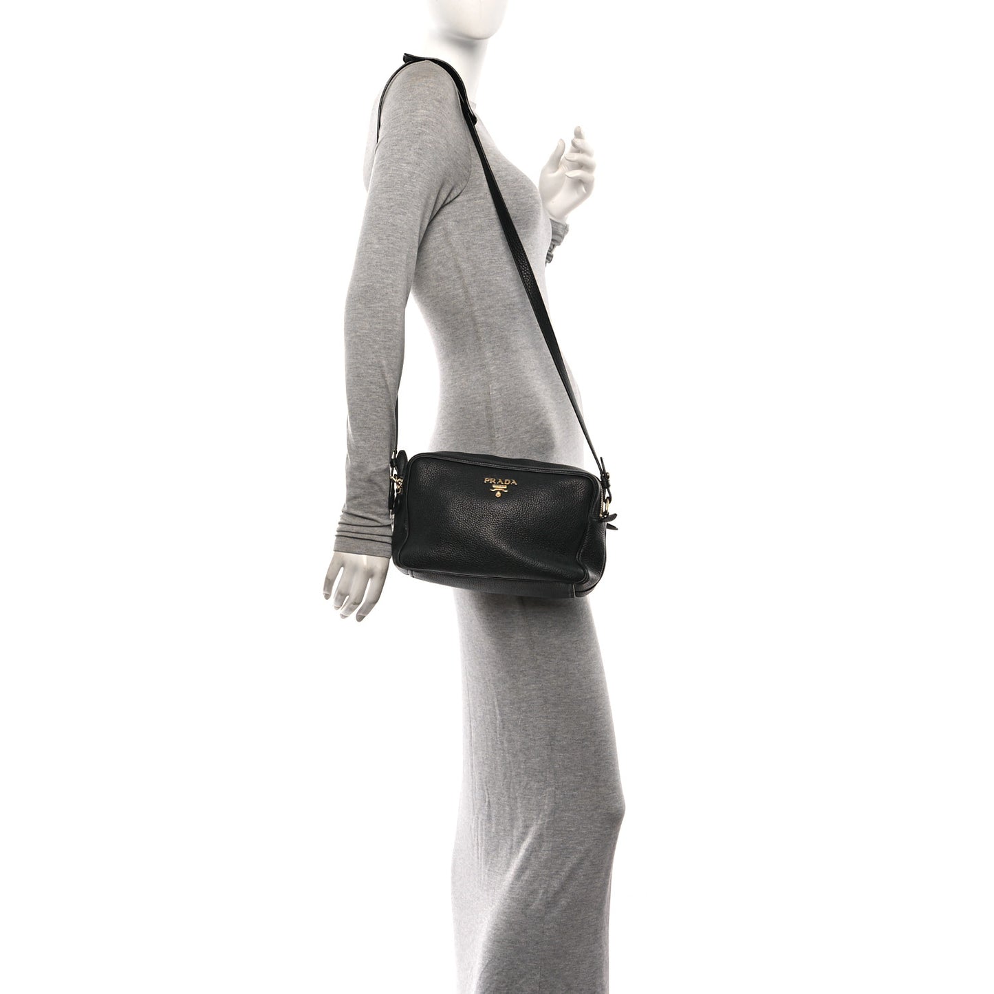 Vitello Daino Medium Double Zip Shoulder Bag Black